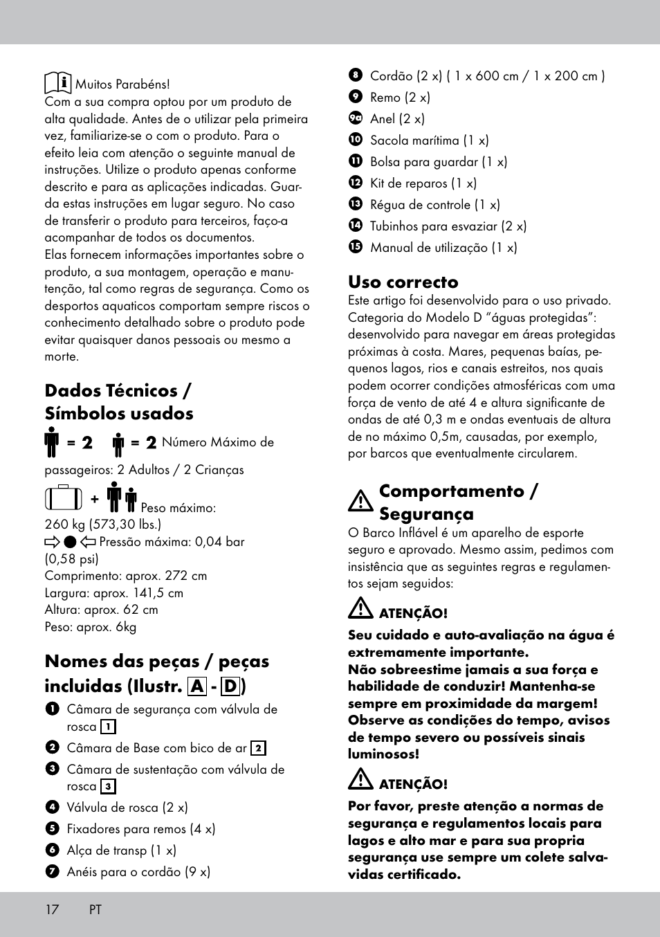 Dados técnicos / símbolos usados, Nomes das peças / peças incluidas (ilustr. a - d ), Uso correcto | Comportamento / segurança | Crivit 2-Person Kayak User Manual | Page 16 / 34