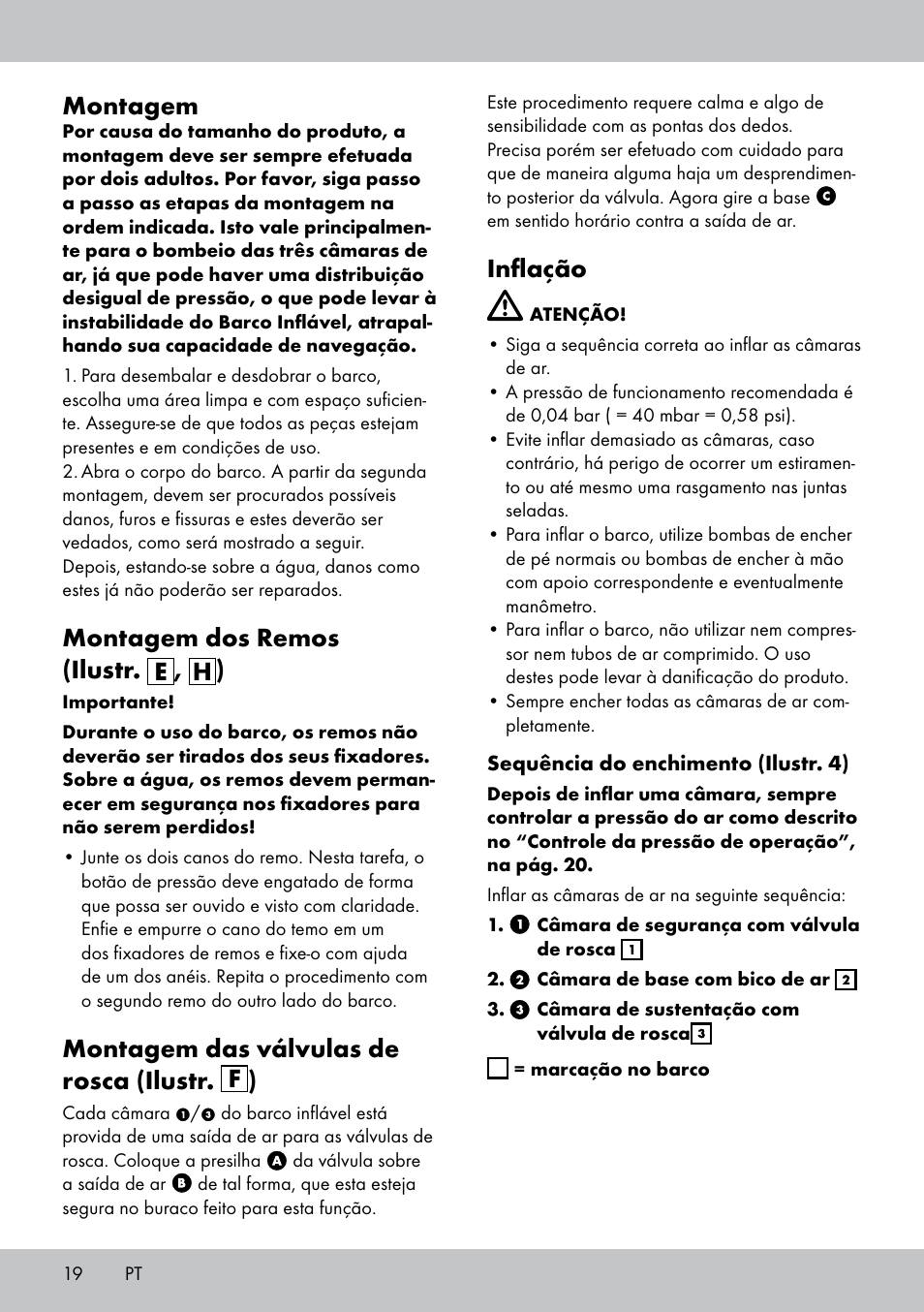 Montagem, Montagem dos remos (ilustr. e , h ), Montagem das válvulas de rosca (ilustr. f ) | Inflação | Crivit 2-Person Kayak User Manual | Page 18 / 34