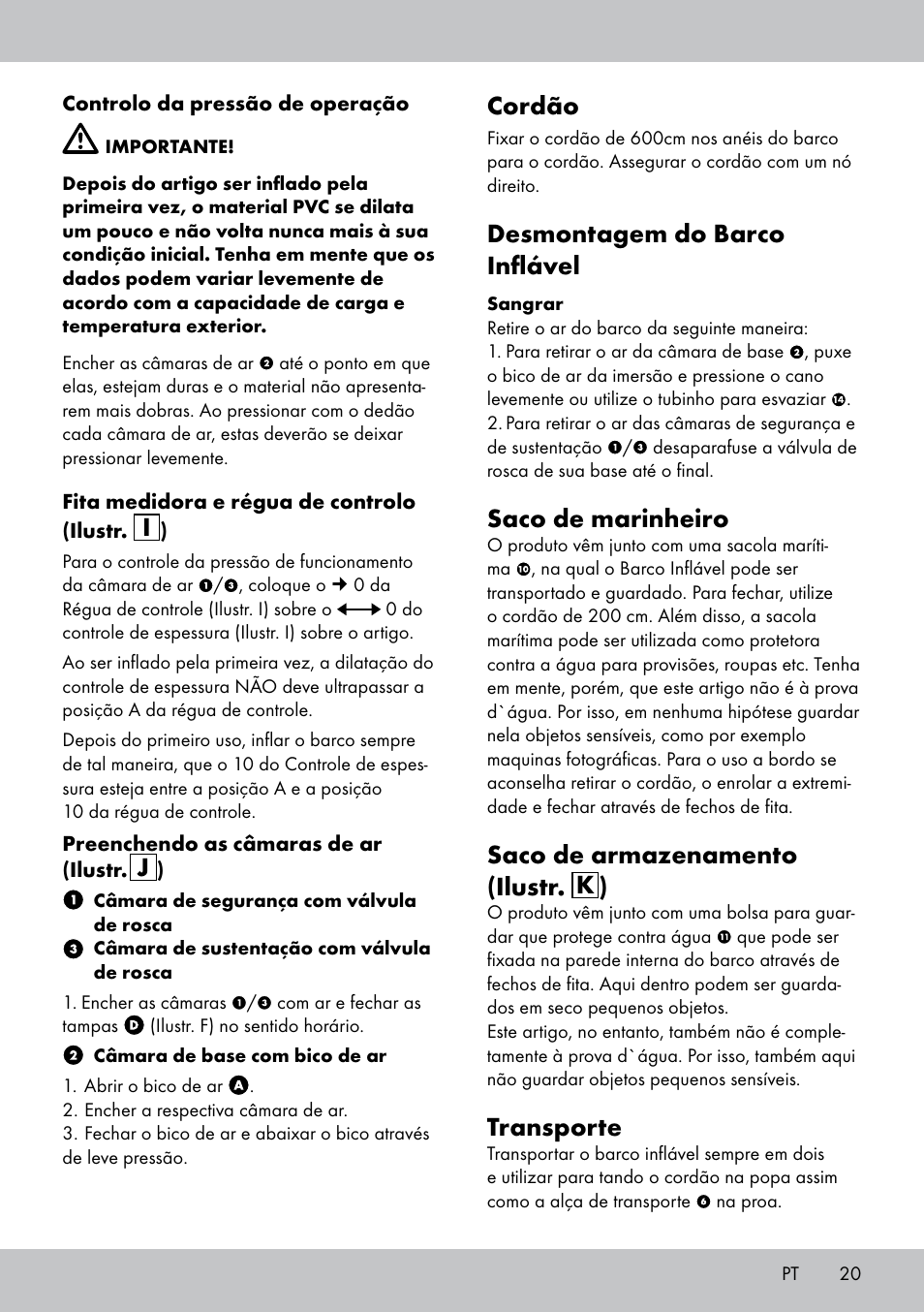 Cordão, Desmontagem do barco inflável, Saco de marinheiro | Saco de armazenamento (ilustr. k ), Transporte | Crivit 2-Person Kayak User Manual | Page 19 / 34