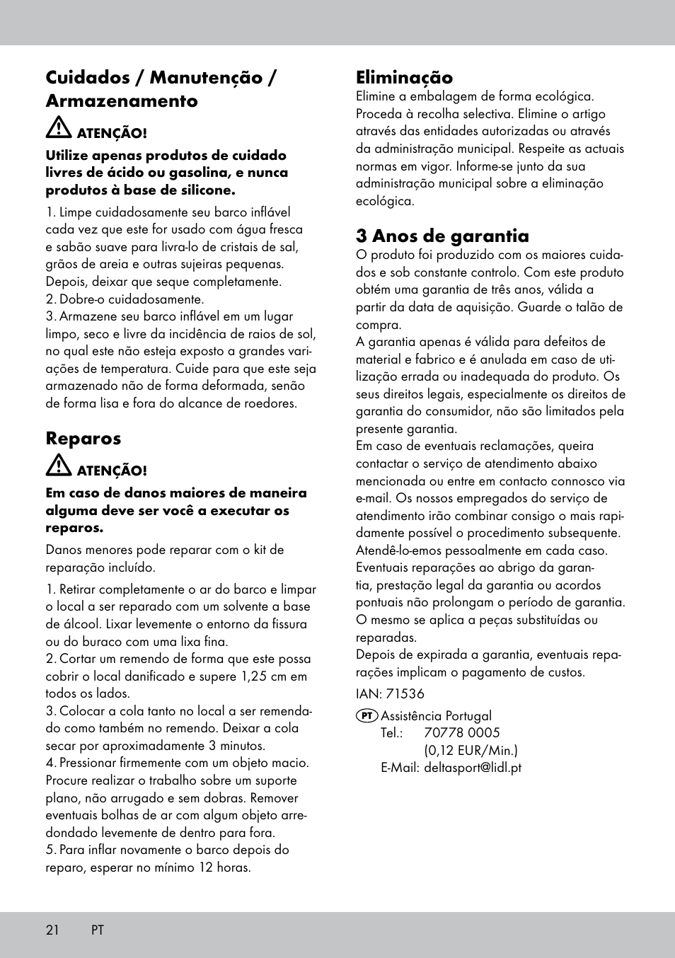 Cuidados / manutenção / armazenamento, Reparos, Eliminação | 3 anos de garantia | Crivit 2-Person Kayak User Manual | Page 20 / 34