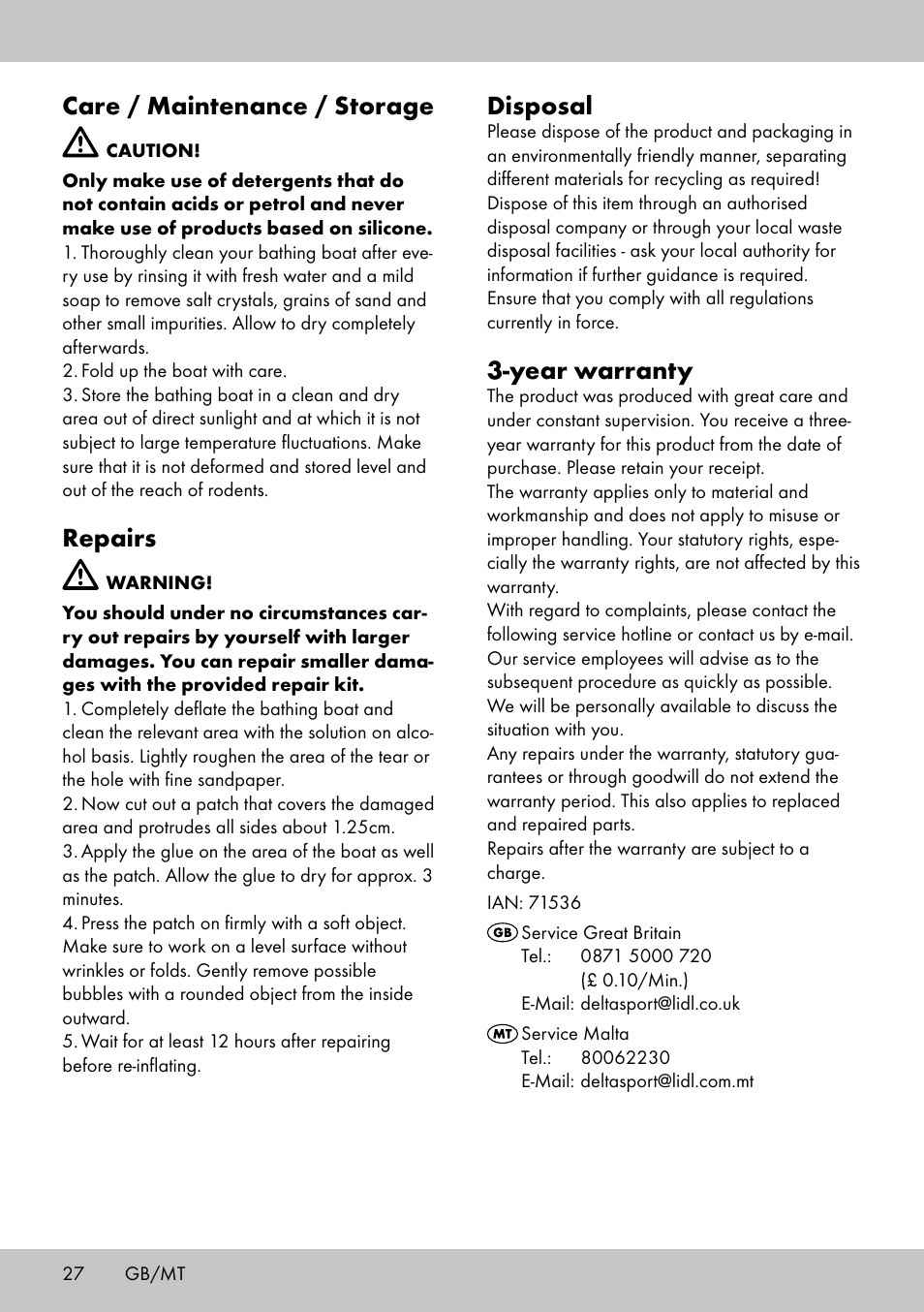 Care / maintenance / storage, Repairs, Disposal | Year warranty | Crivit 2-Person Kayak User Manual | Page 26 / 34