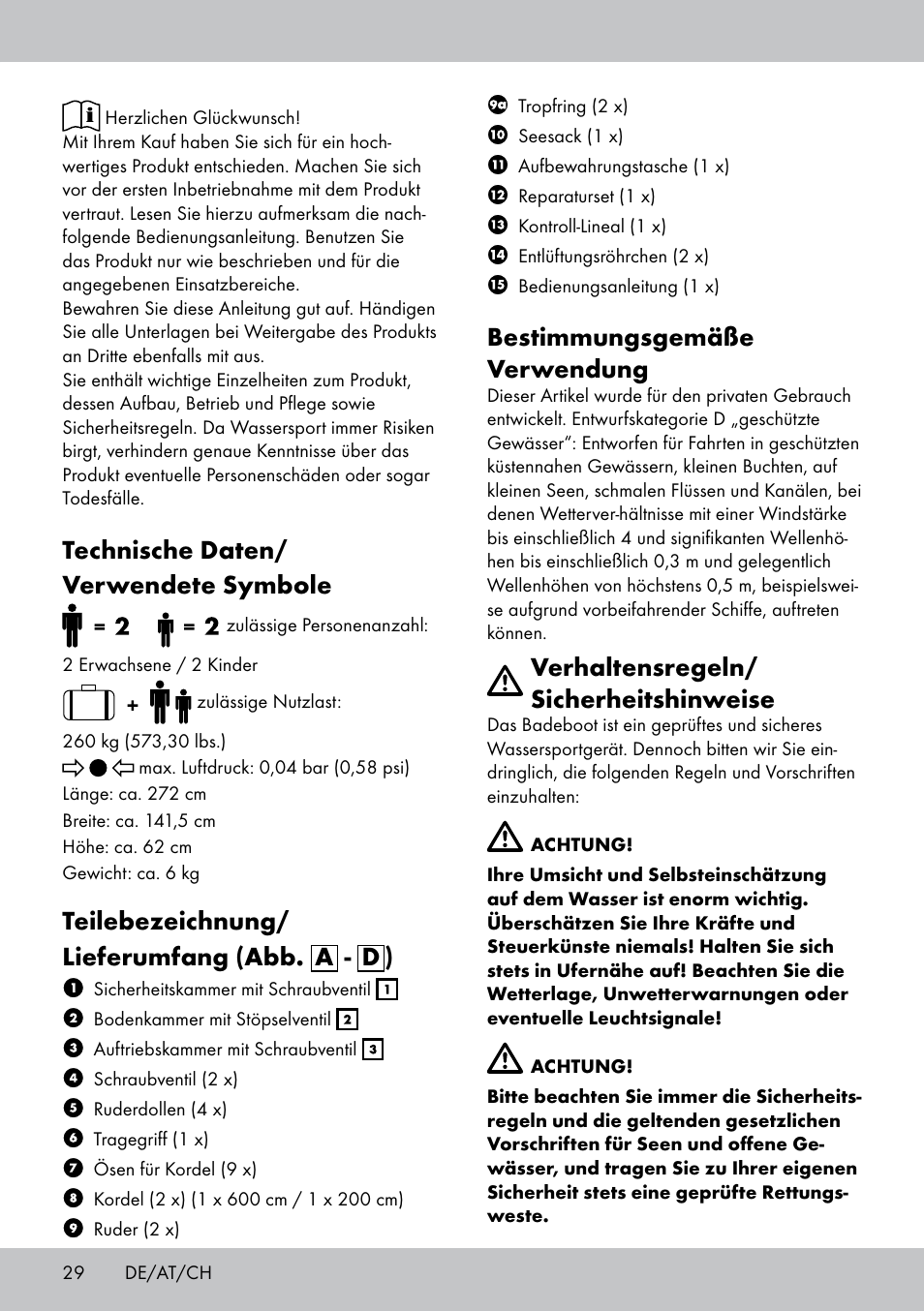 Technische daten/ verwendete symbole, Teilebezeichnung/ lieferumfang (abb. a - d ), Bestimmungsgemäße verwendung | Verhaltensregeln/ sicherheitshinweise | Crivit 2-Person Kayak User Manual | Page 28 / 34