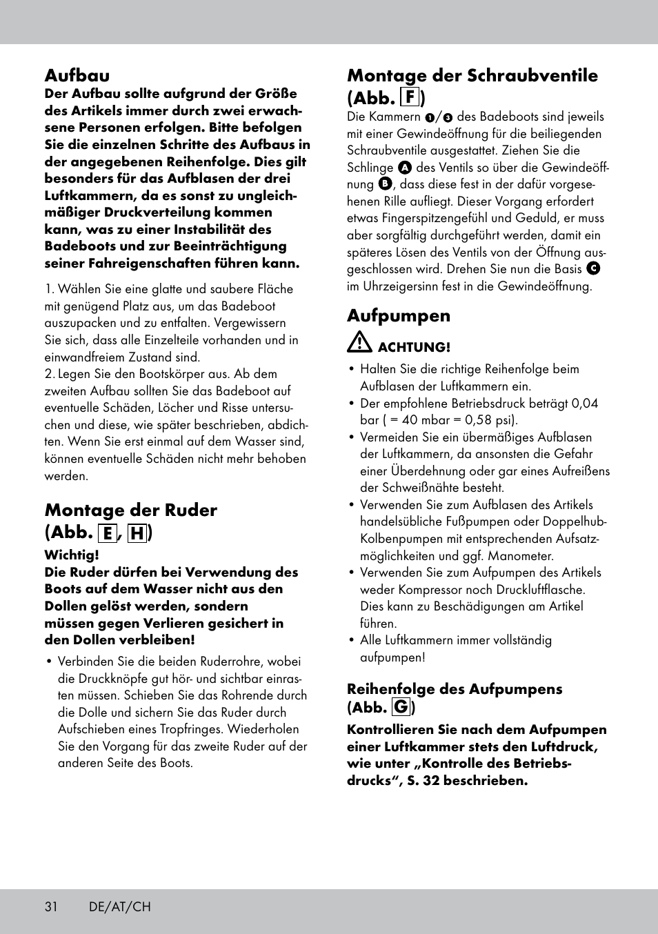 Aufbau, Montage der ruder (abb. e , h ), Montage der schraubventile (abb. f ) | Aufpumpen | Crivit 2-Person Kayak User Manual | Page 30 / 34