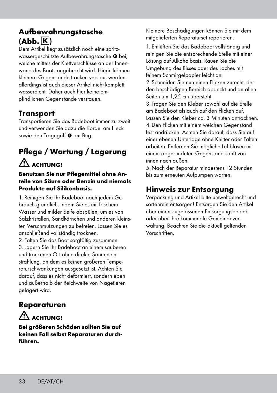 Aufbewahrungstasche (abb. k ), Transport, Pflege / wartung / lagerung | Reparaturen, Hinweis zur entsorgung | Crivit 2-Person Kayak User Manual | Page 32 / 34