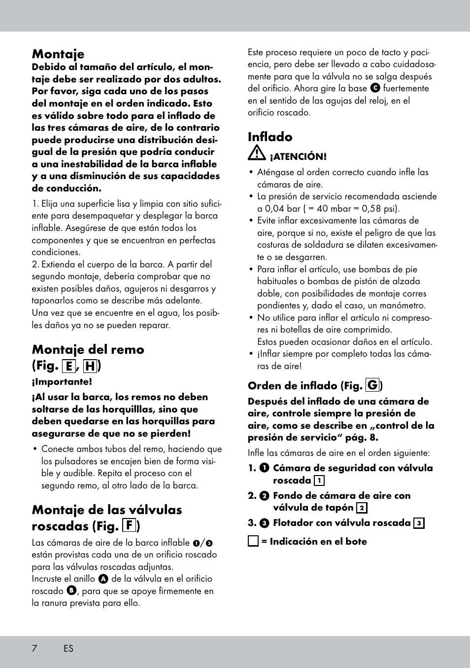 Montaje, Montaje del remo (fig. e , h ), Montaje de las válvulas roscadas (fig. f ) | Inflado | Crivit 2-Person Kayak User Manual | Page 6 / 34