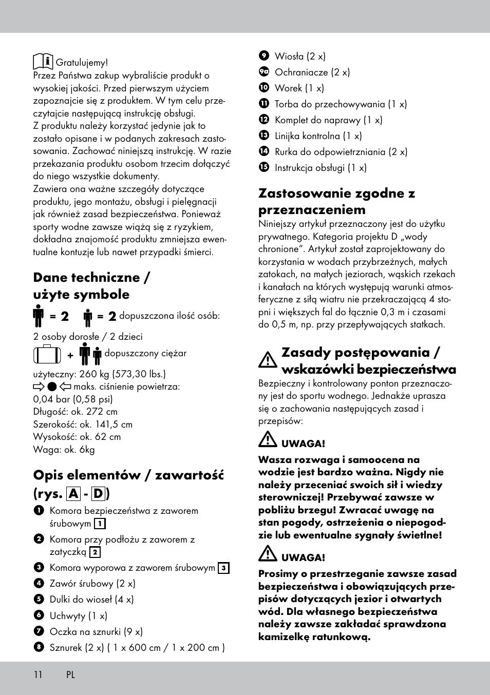 Dane techniczne / użyte symbole, Opis elementów / zawartość (rys. a - d ), Zastosowanie zgodne z przeznaczeniem | Zasady postępowania / wskazówki bezpieczeństwa | Crivit 2-Person Kayak User Manual | Page 10 / 46