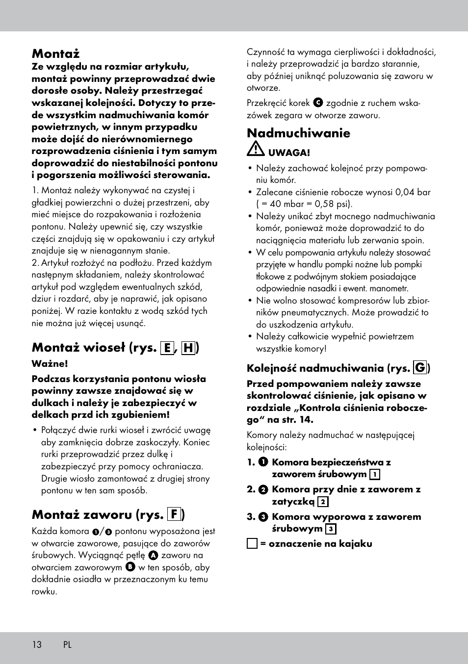 Montaż, Montaż wioseł (rys. e , h ), Montaż zaworu (rys. f ) | Nadmuchiwanie | Crivit 2-Person Kayak User Manual | Page 12 / 46