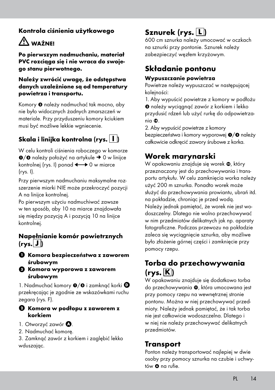 Sznurek (rys. l ), Składanie pontonu, Worek marynarski | Torba do przechowywania (rys. k ), Transport | Crivit 2-Person Kayak User Manual | Page 13 / 46