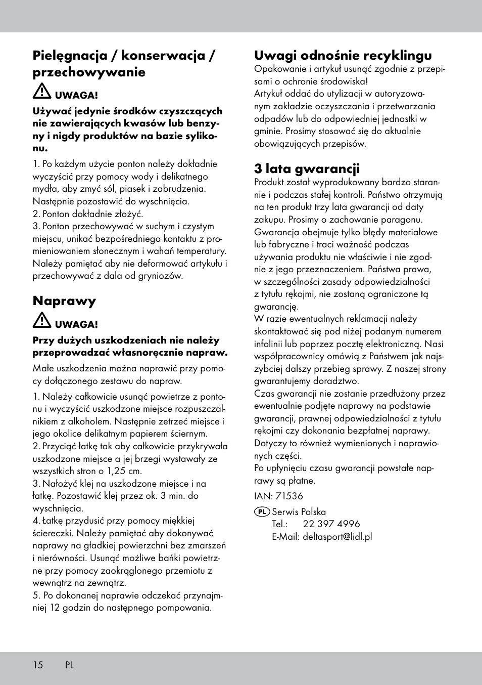Pielęgnacja / konserwacja / przechowywanie, Naprawy, Uwagi odnośnie recyklingu | 3 lata gwarancji | Crivit 2-Person Kayak User Manual | Page 14 / 46