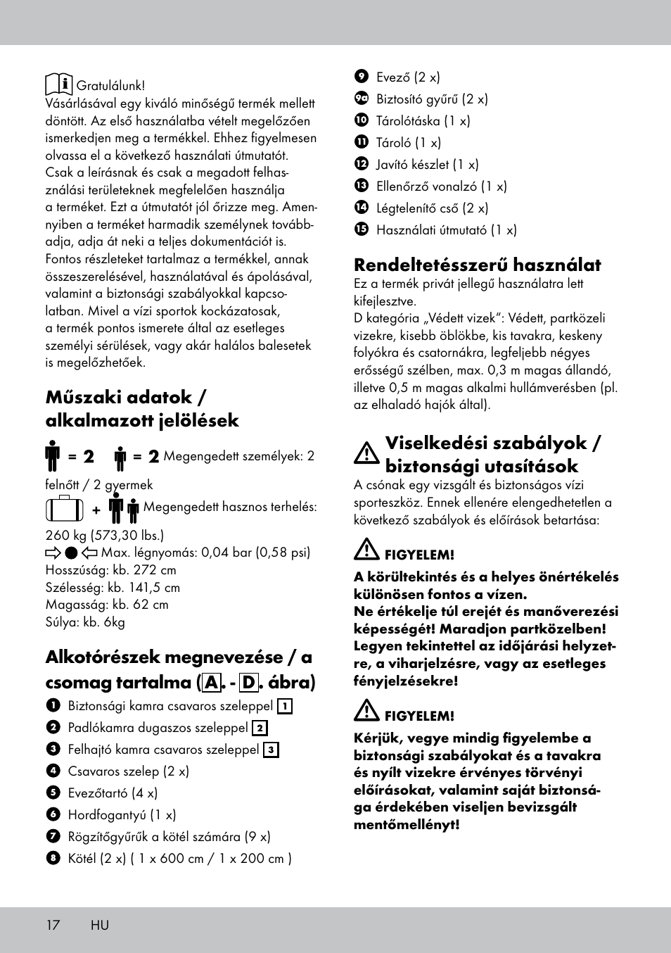 Műszaki adatok / alkalmazott jelölések, Rendeltetésszerű használat, Viselkedési szabályok / biztonsági utasítások | Crivit 2-Person Kayak User Manual | Page 16 / 46