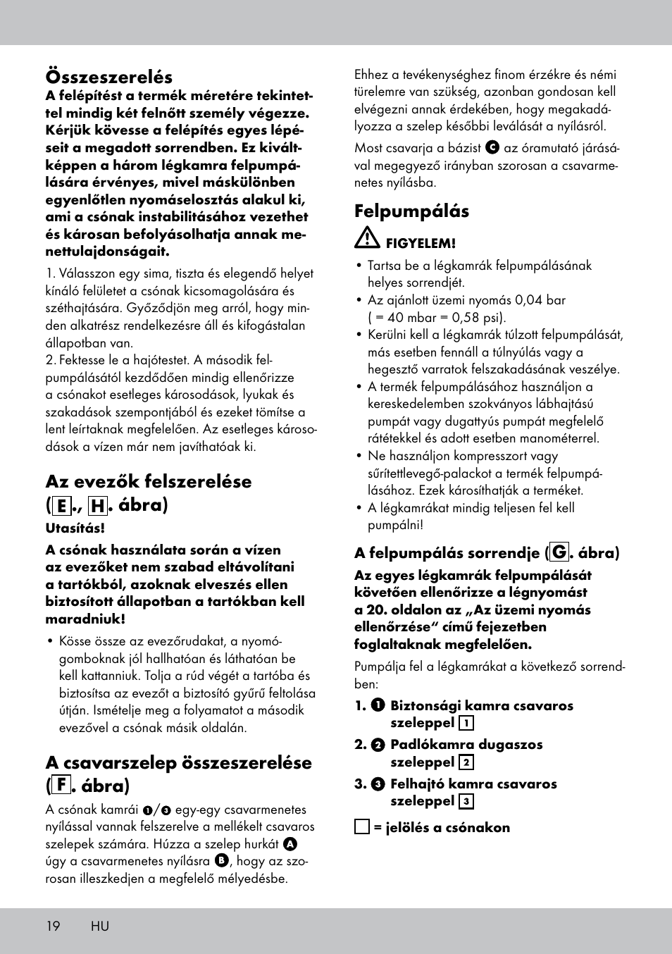 Összeszerelés, Az evezők felszerelése ( e ., h . ábra), A csavarszelep összeszerelése ( f . ábra) | Felpumpálás | Crivit 2-Person Kayak User Manual | Page 18 / 46