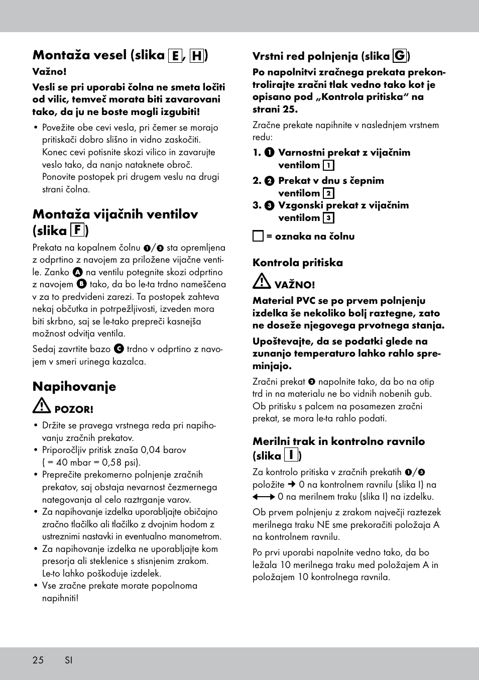 Montaža vesel (slika e , h ), Montaža vijačnih ventilov (slika f ), Napihovanje | Crivit 2-Person Kayak User Manual | Page 24 / 46