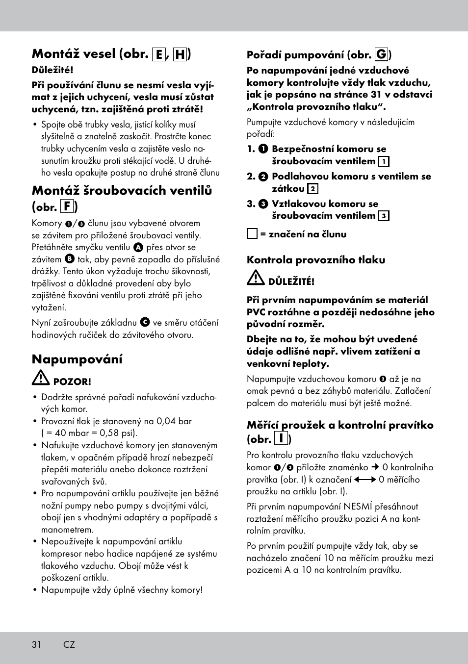 Montáž vesel (obr. e , h ), Montáž šroubovacích ventilů, Napumpování | Crivit 2-Person Kayak User Manual | Page 30 / 46
