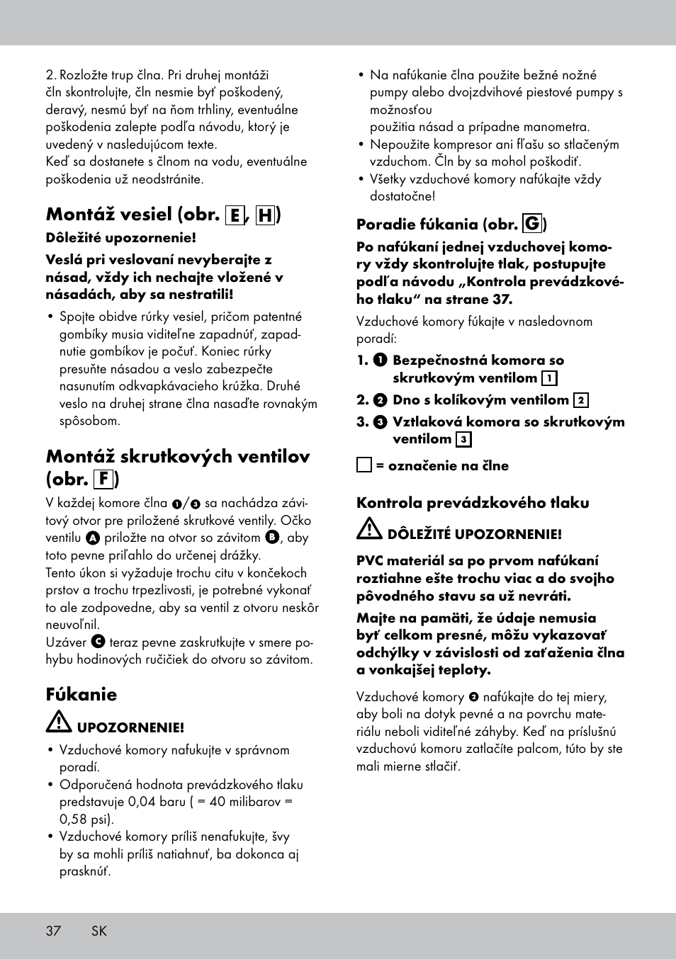 Montáž vesiel (obr. e , h ), Montáž skrutkových ventilov (obr. f ), Fúkanie | Crivit 2-Person Kayak User Manual | Page 36 / 46