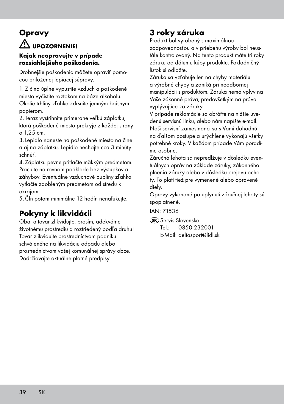 Opravy, Pokyny k likvidácii, 3 roky záruka | Crivit 2-Person Kayak User Manual | Page 38 / 46