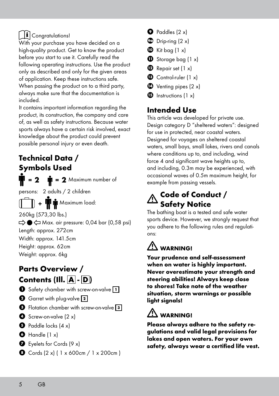 Technical data / symbols used, Parts overview / contents (ill. a - d ), Intended use | Code of conduct / safety notice | Crivit 2-Person Kayak User Manual | Page 4 / 46