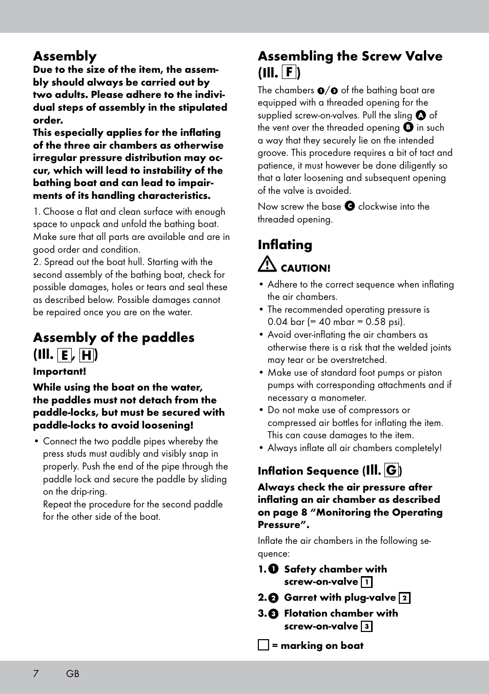 Assembly, Assembly of the paddles (ill. e , h ), Assembling the screw valve (ill. f ) | Inflating | Crivit 2-Person Kayak User Manual | Page 6 / 46