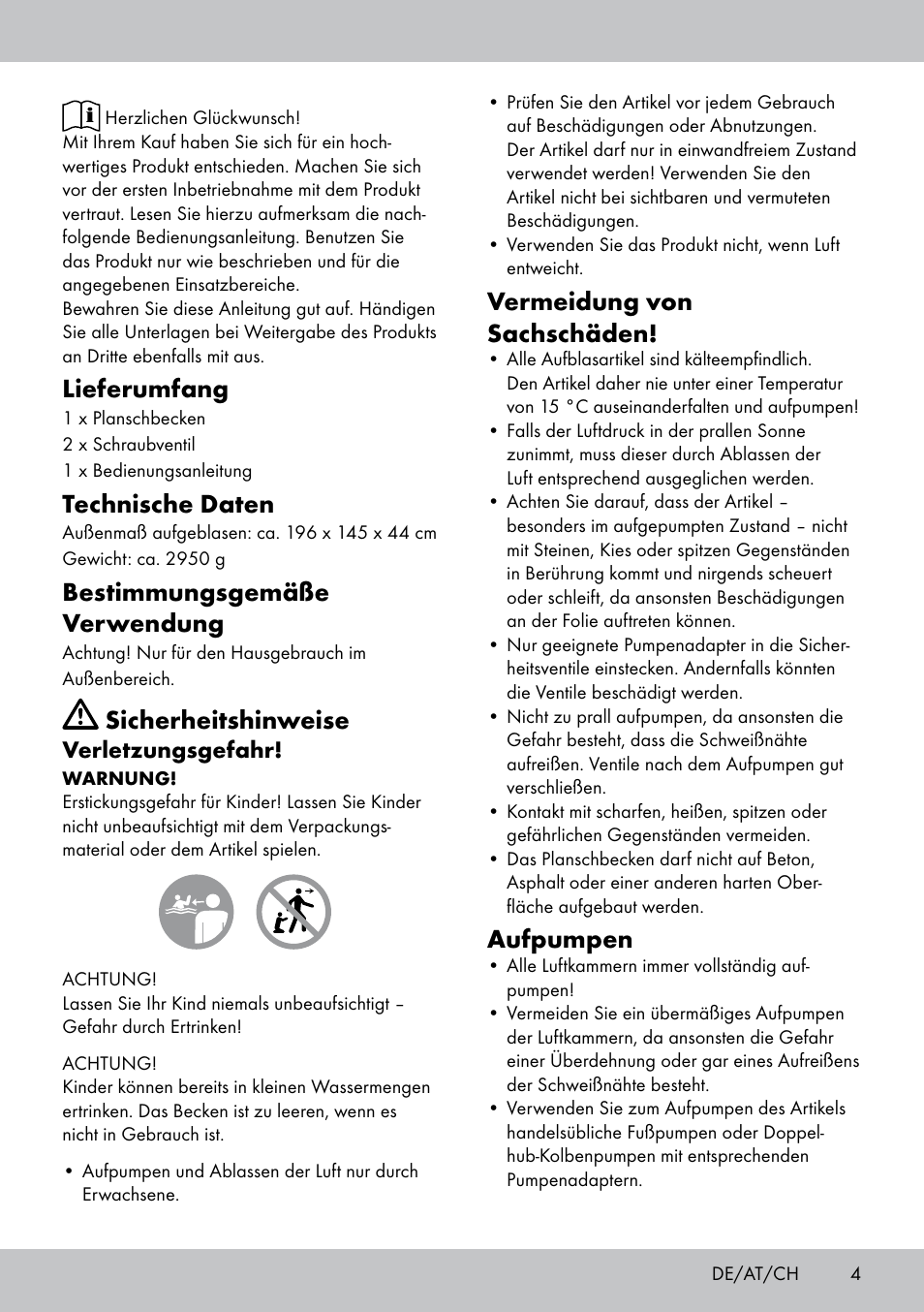 Lieferumfang, Technische daten, Bestimmungsgemäße verwendung | Sicherheitshinweise, Vermeidung von sachschäden, Aufpumpen | Crivit Paddling Pool User Manual | Page 3 / 14