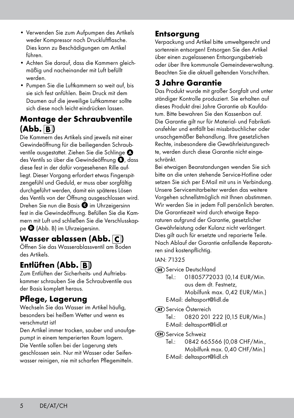 Montage der schraubventile (abb. b ), Wasser ablassen (abb. c ), Entlüften (abb. b ) | Pflege, lagerung, Entsorgung, 3 jahre garantie | Crivit Paddling Pool User Manual | Page 4 / 14