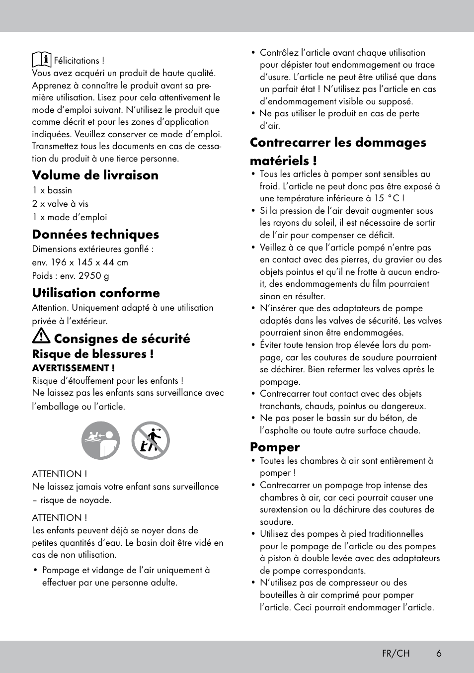 Volume de livraison, Données techniques, Utilisation conforme | Consignes de sécurité, Contrecarrer les dommages matériels, Pomper | Crivit Paddling Pool User Manual | Page 5 / 14