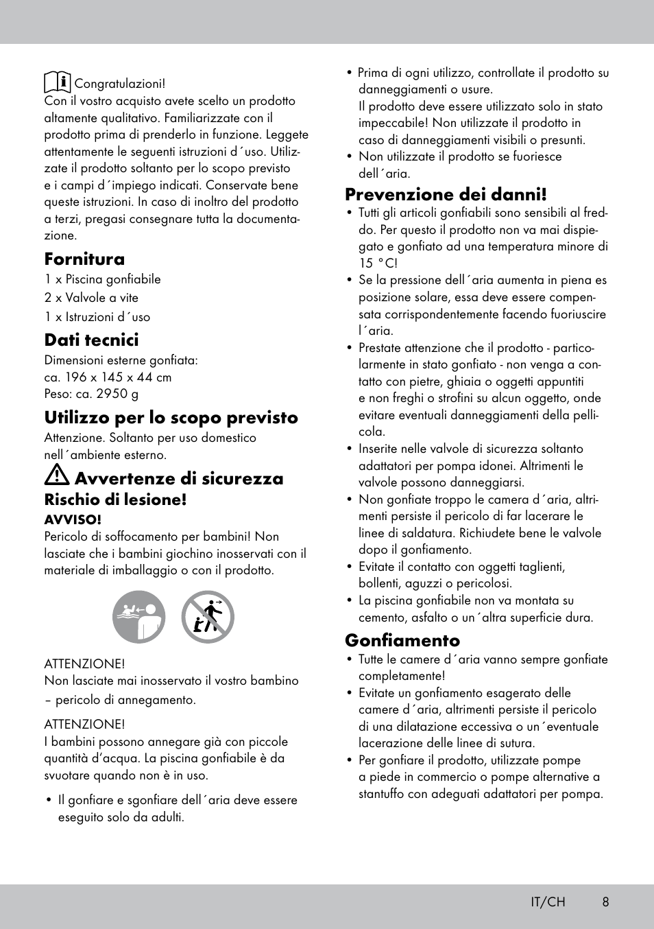 Fornitura, Dati tecnici, Utilizzo per lo scopo previsto | Avvertenze di sicurezza, Prevenzione dei danni, Gonfiamento | Crivit Paddling Pool User Manual | Page 7 / 14