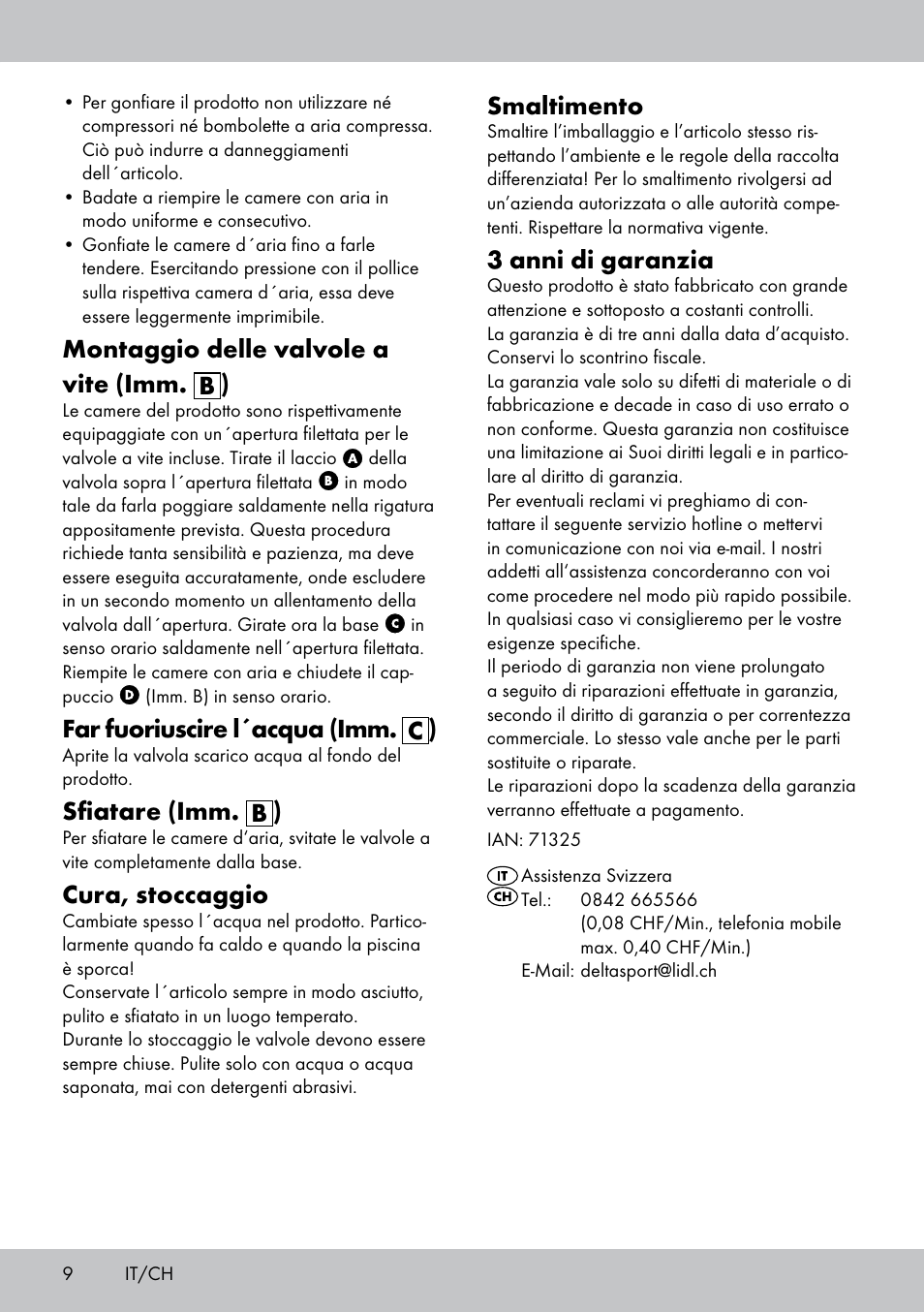 Montaggio delle valvole a vite (imm. b ), Far fuoriuscire l´acqua (imm. c ), Sfiatare (imm. b ) | Cura, stoccaggio, Smaltimento, 3 anni di garanzia | Crivit Paddling Pool User Manual | Page 8 / 14