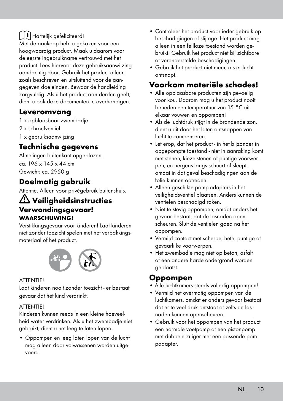 Leveromvang, Technische gegevens, Doelmatig gebruik | Veiligheidsinstructies, Voorkom materiële schades, Oppompen | Crivit Paddling Pool User Manual | Page 9 / 14