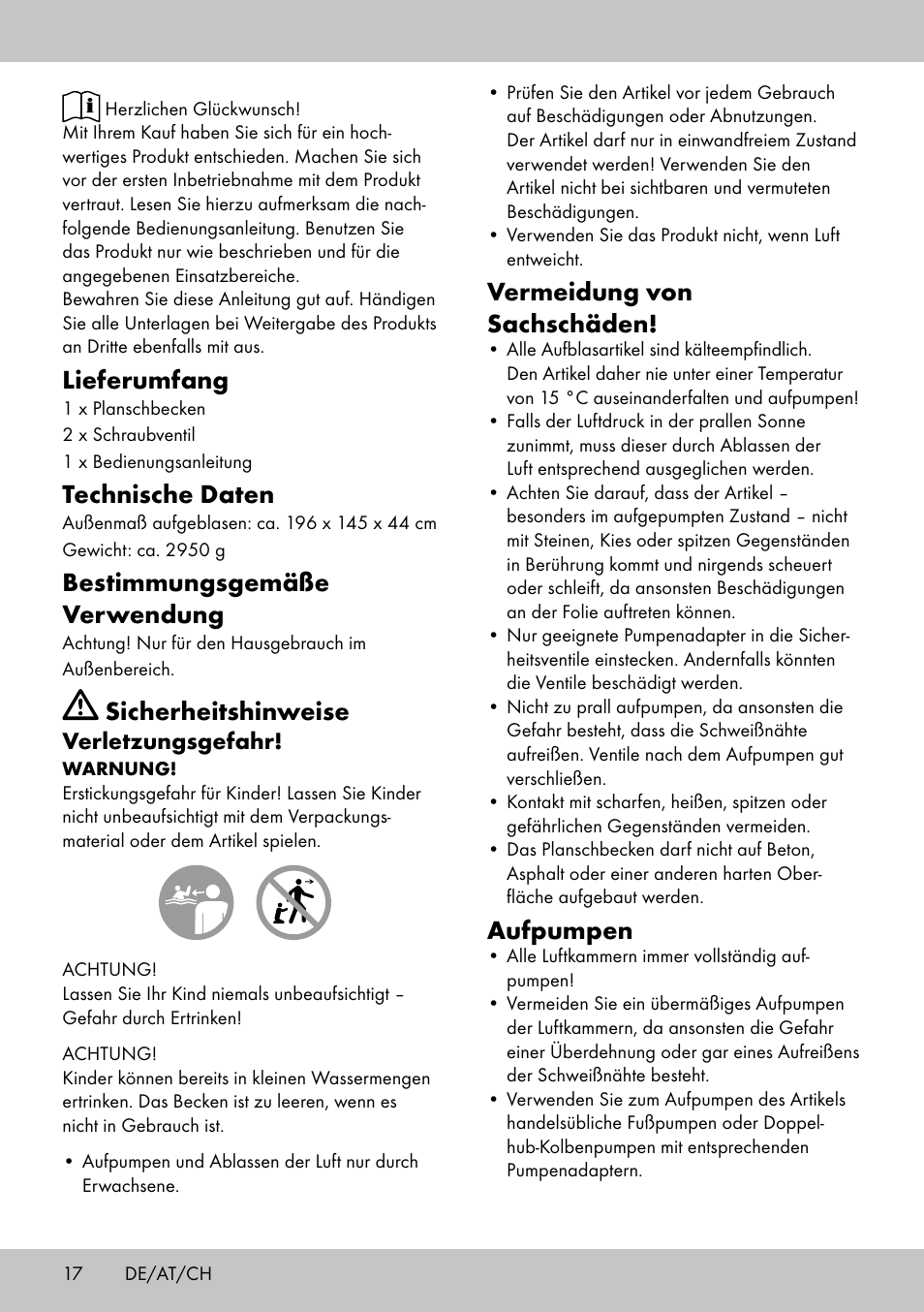 Lieferumfang, Technische daten, Bestimmungsgemäße verwendung | Sicherheitshinweise, Vermeidung von sachschäden, Aufpumpen | Crivit Paddling Pool User Manual | Page 16 / 18