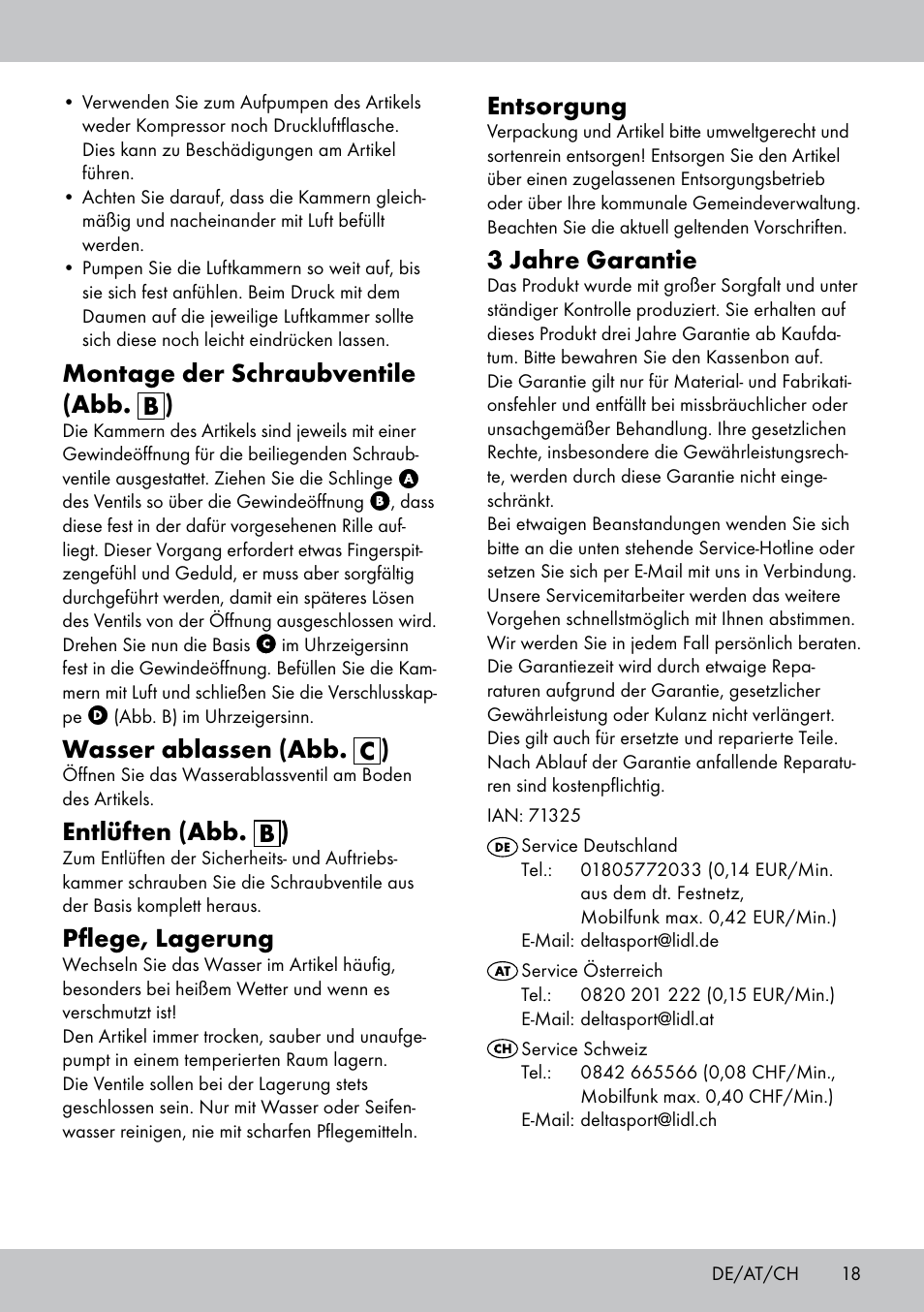 Montage der schraubventile (abb. b ), Wasser ablassen (abb. c ), Entlüften (abb. b ) | Pflege, lagerung, Entsorgung, 3 jahre garantie | Crivit Paddling Pool User Manual | Page 17 / 18