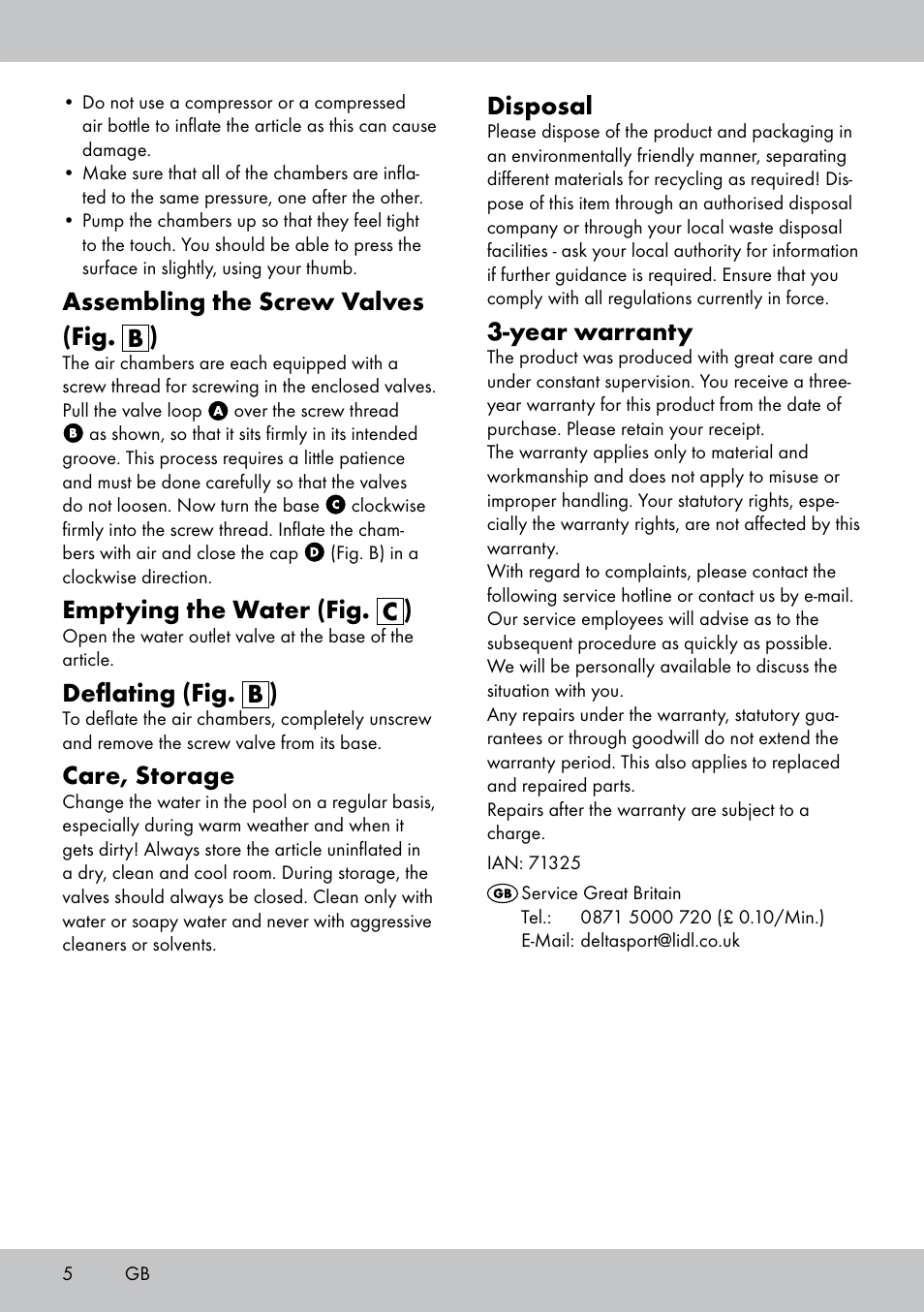 Disposal, Year warranty, Assembling the screw valves (fig. b ) | Emptying the water (fig. c ), Deflating (fig. b ), Care, storage | Crivit Paddling Pool User Manual | Page 4 / 18