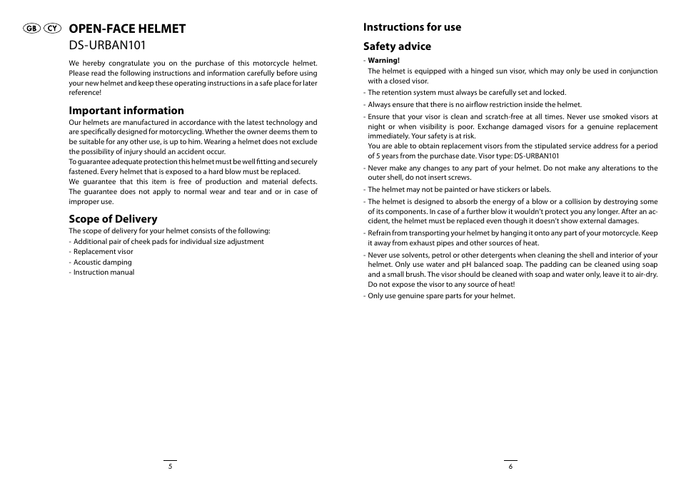 Open-face helmet ds-urban101, Instructions for use safety advice, Important information | Scope of delivery | Crivit DS-URBAN101 User Manual | Page 4 / 13