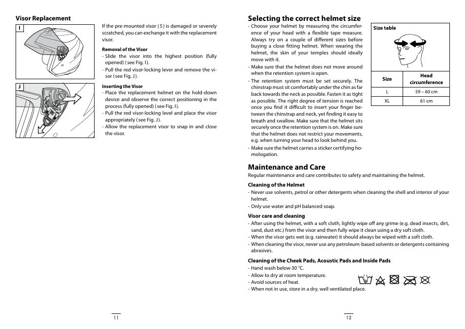 Selecting the correct helmet size, Maintenance and care, Visor replacement | Crivit DS-URBAN101 User Manual | Page 7 / 13