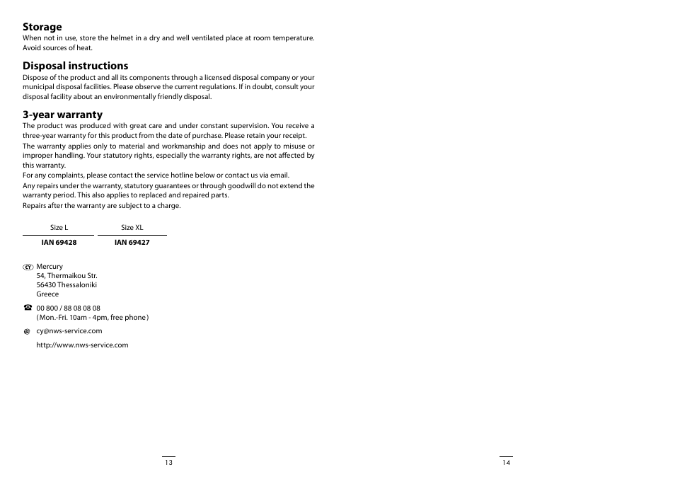 Storage, Disposal instructions, Year warranty | Crivit DS-URBAN101 User Manual | Page 8 / 13