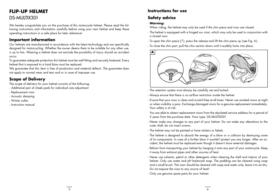 Flip-up helmet ds-multix301, Instructions for use safety advice, Important information | Scope of delivery | Crivit DS-MULTIX301 User Manual | Page 5 / 8