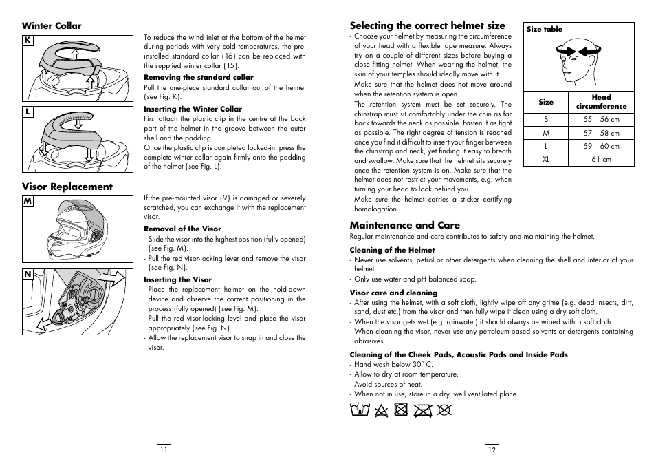 Visor replacement, Selecting the correct helmet size, Maintenance and care | Crivit DS-MULTIX301 User Manual | Page 8 / 8