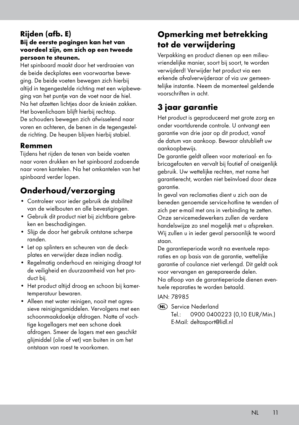 Opmerking met betrekking tot de verwijdering, 3 jaar garantie, Onderhoud/verzorging | Crivit SB-1557 User Manual | Page 11 / 16