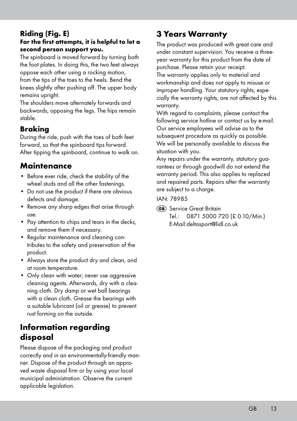 3 years warranty, Maintenance, Information regarding disposal | Crivit SB-1557 User Manual | Page 13 / 16