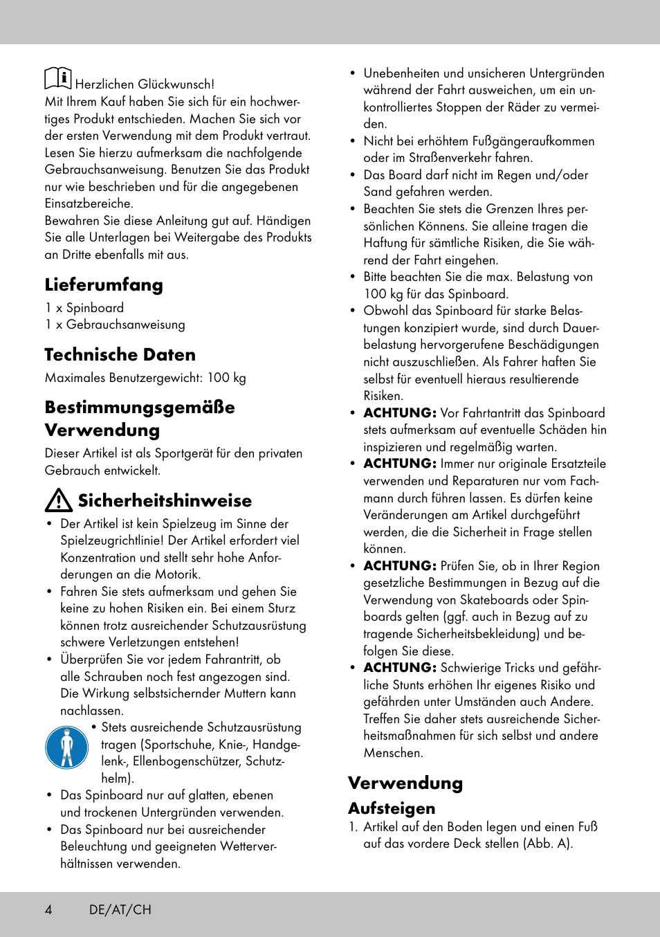 Lieferumfang, Technische daten, Bestimmungsgemäße verwendung | Sicherheitshinweise, Verwendung, Aufsteigen | Crivit SB-1557 User Manual | Page 4 / 16