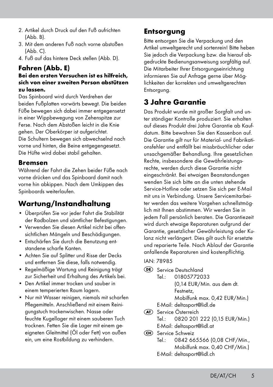 Entsorgung, 3 jahre garantie, Wartung/instandhaltung | Fahren (abb. e), Bremsen | Crivit SB-1557 User Manual | Page 5 / 16