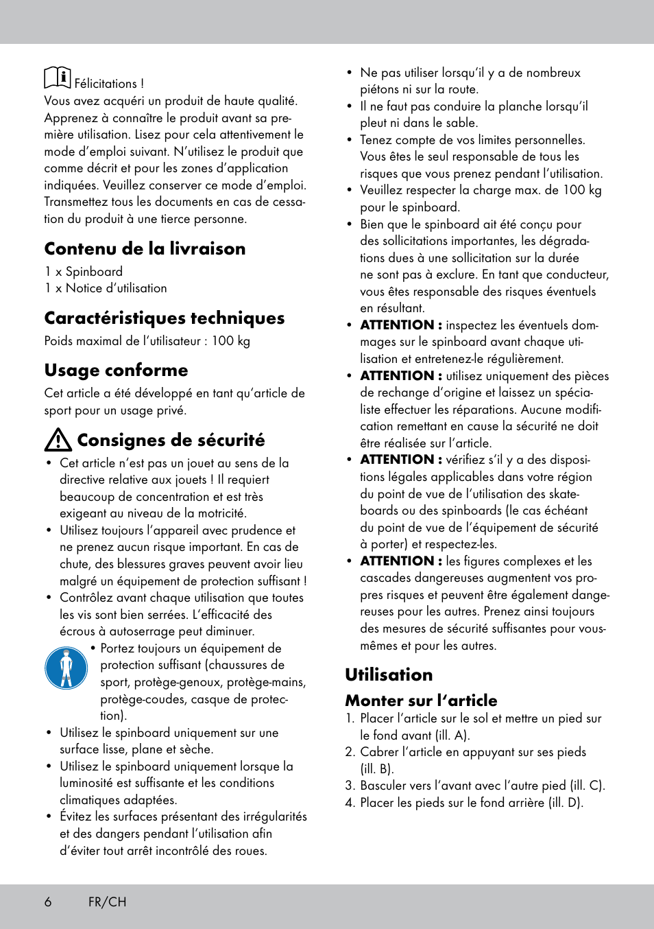 Contenu de la livraison, Caractéristiques techniques, Usage conforme | Consignes de sécurité, Utilisation, Monter sur l‘article | Crivit SB-1557 User Manual | Page 6 / 16