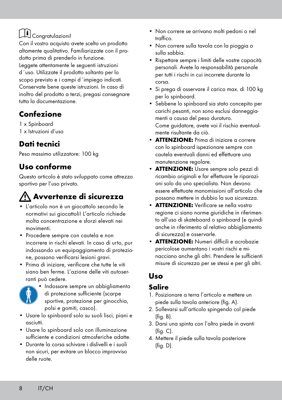 Confezione, Dati tecnici, Uso conforme | Avvertenze di sicurezza, Salire | Crivit SB-1557 User Manual | Page 8 / 16