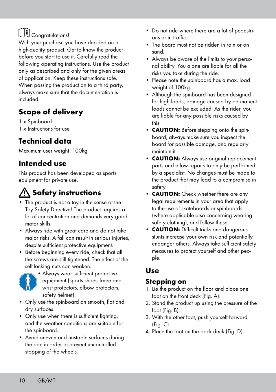 Scope of delivery, Technical data, Intended use | Safety instructions, Stepping on | Crivit SB-1557 User Manual | Page 10 / 16