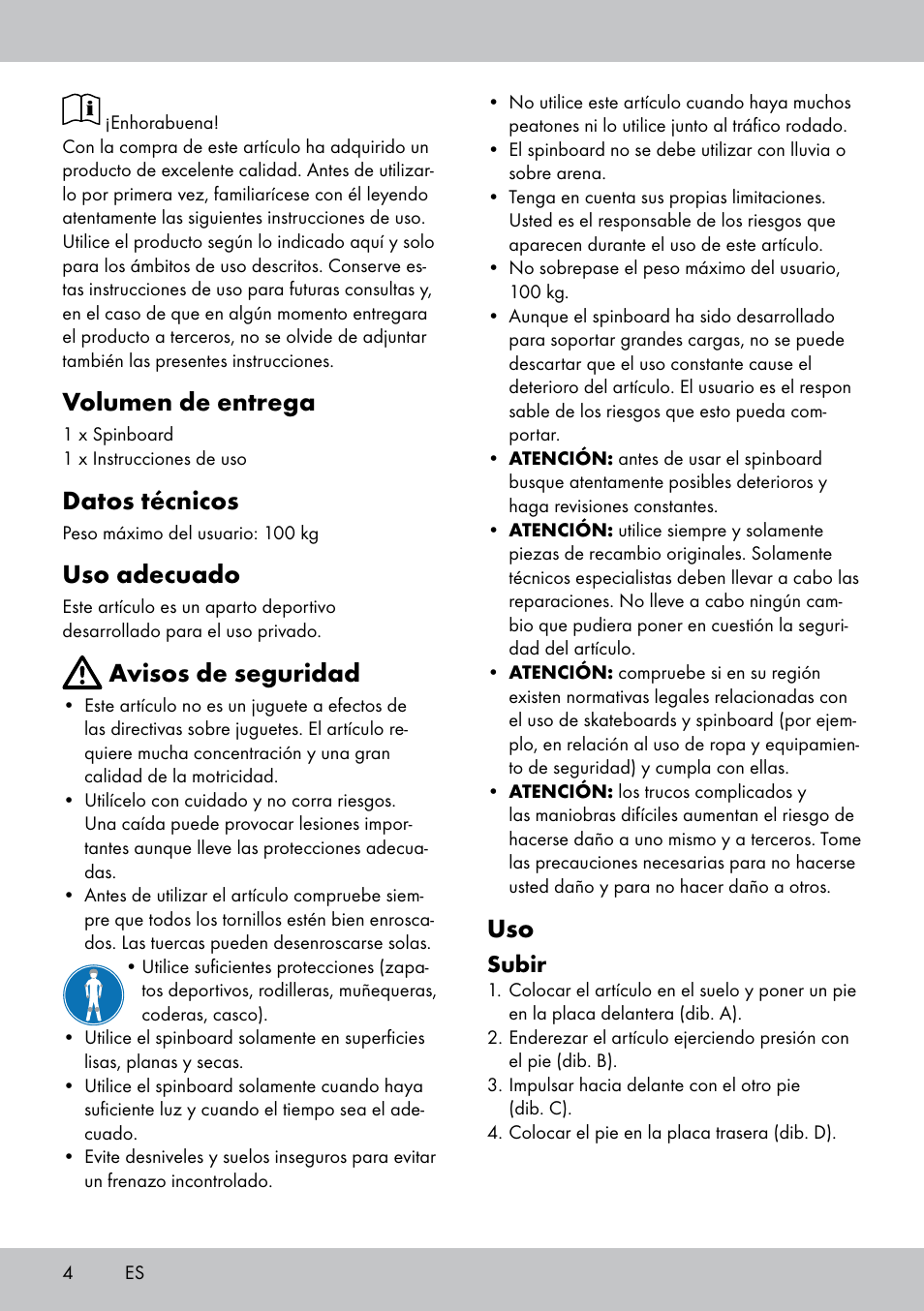 Volumen de entrega, Datos técnicos, Uso adecuado | Avisos de seguridad, Subir | Crivit SB-1557 User Manual | Page 4 / 16