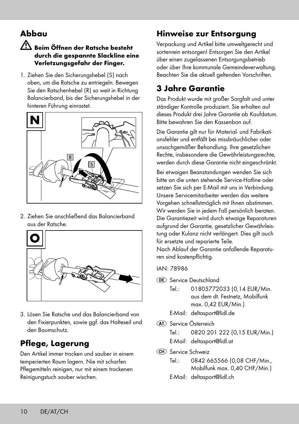 Abbau, Pflege, lagerung, Hinweise zur entsorgung | 3 jahre garantie | Crivit SL-1530 User Manual | Page 10 / 44