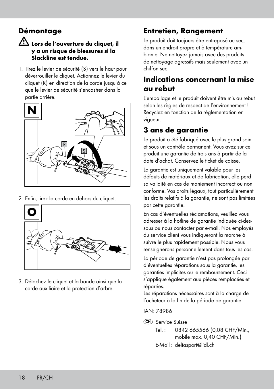 Démontage, Entretien, rangement, Indications concernant la mise au rebut | 3 ans de garantie | Crivit SL-1530 User Manual | Page 18 / 44