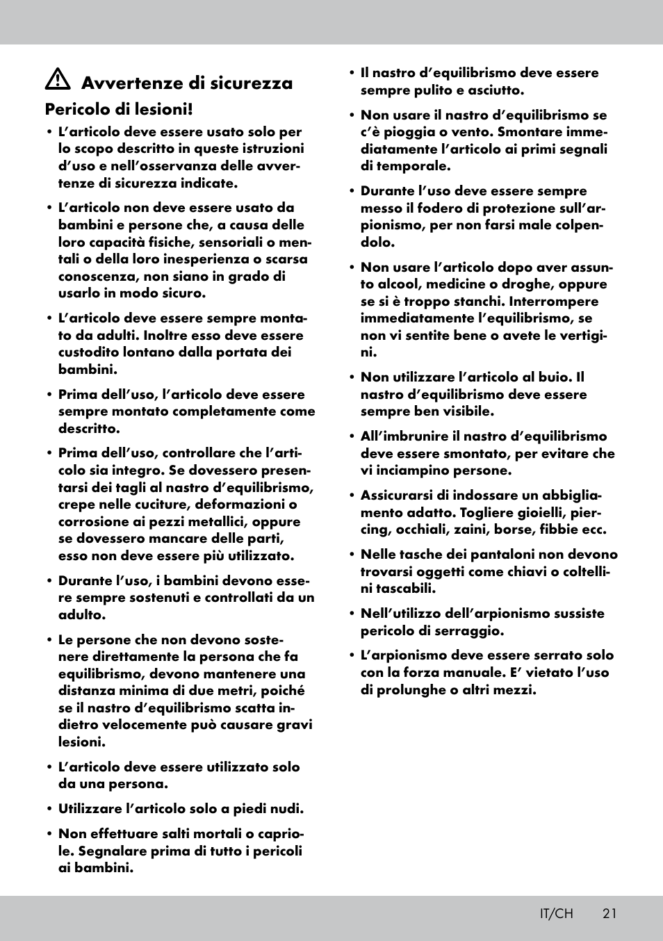 Avvertenze di sicurezza, Pericolo di lesioni | Crivit SL-1530 User Manual | Page 21 / 44