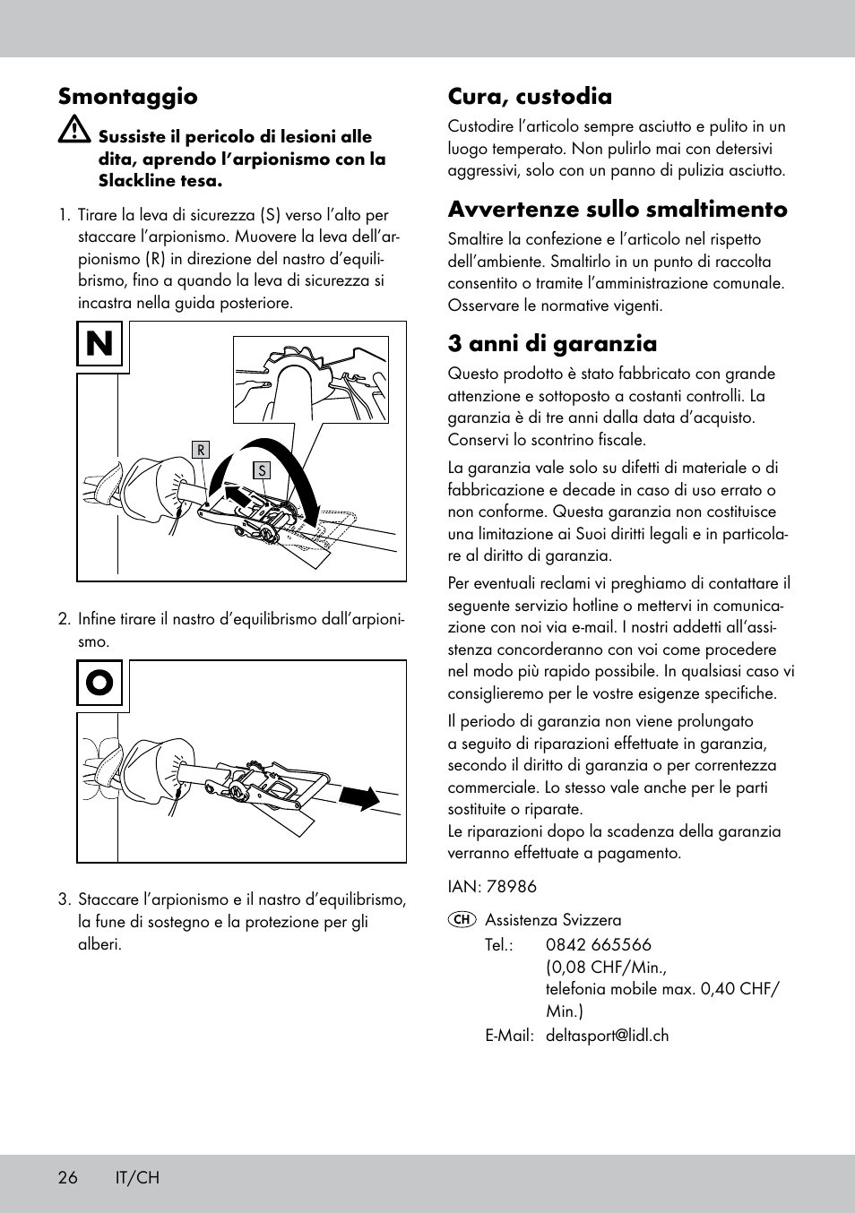 Smontaggio, Cura, custodia, Avvertenze sullo smaltimento | 3 anni di garanzia | Crivit SL-1530 User Manual | Page 26 / 44