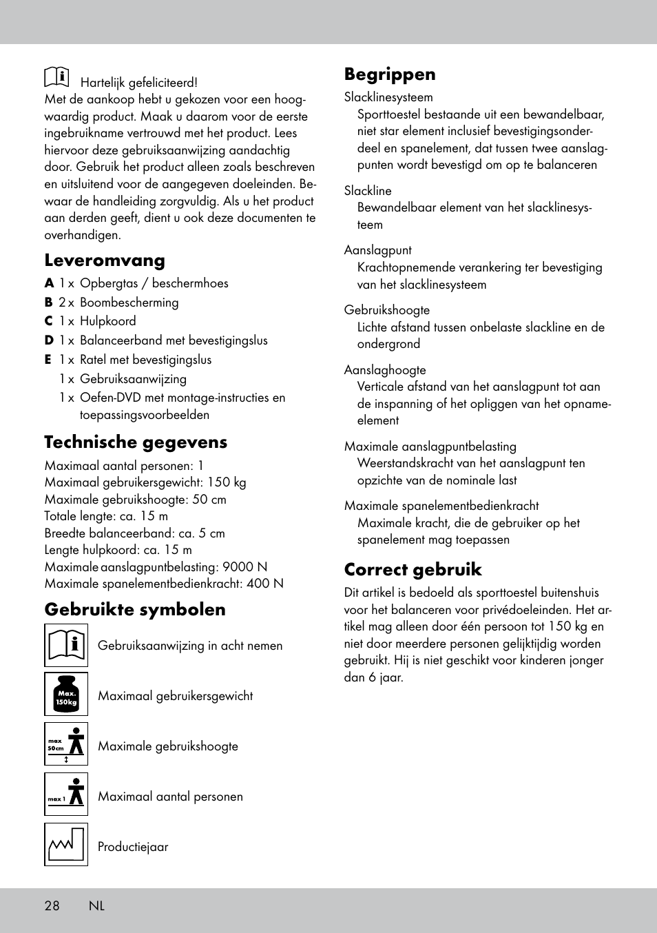 Leveromvang, Technische gegevens, Gebruikte symbolen | Begrippen, Correct gebruik | Crivit SL-1530 User Manual | Page 28 / 44