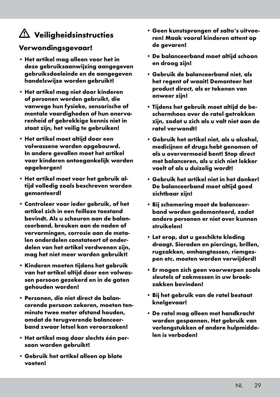 Veiligheidsinstructies, Verwondingsgevaar | Crivit SL-1530 User Manual | Page 29 / 44