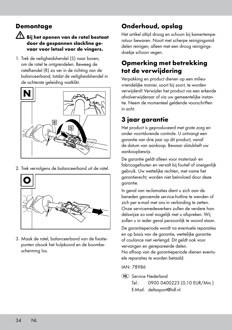 Demontage, Onderhoud, opslag, Opmerking met betrekking tot de verwijdering | 3 jaar garantie | Crivit SL-1530 User Manual | Page 34 / 44